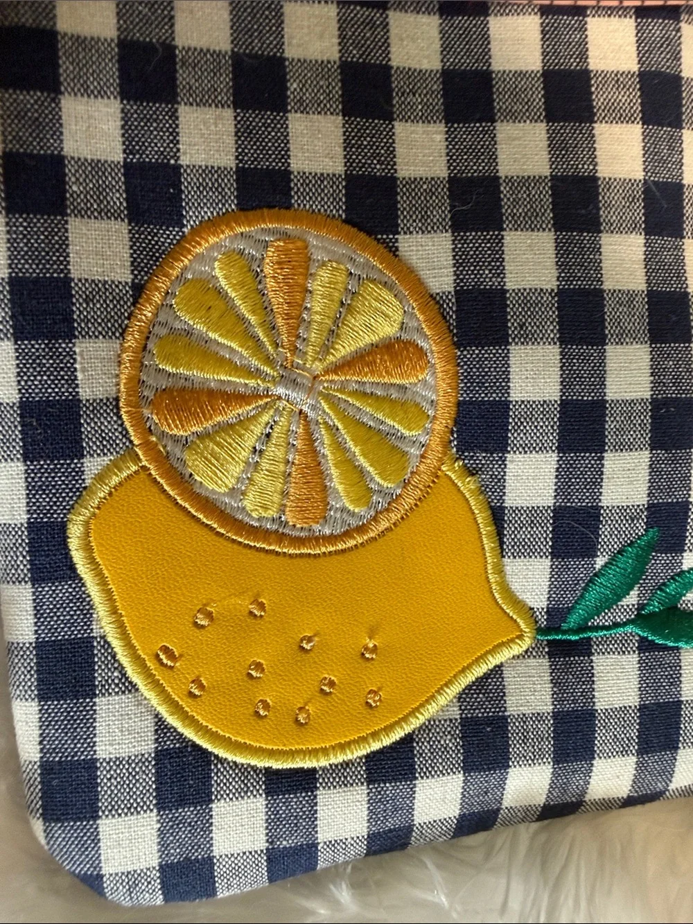 Canvas Check Wristlet Pouch with Yellow Lemon Patch